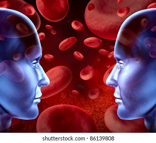 Blood Donations With Different Blood Group And Types With Red Blood Cells Flowing Through Veins And Human Circulatory System For Donors And Recipients Of Transfusions With Human Heads Face To Face.