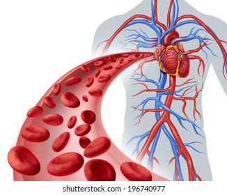 Blood heart circulation health symbol with red cells flowing through three dimensional veins from the human circulatory system as a medical health care icon of cardiology and cardiovascular fitness.