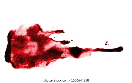 Blood stain or red wine blot texture. Wet stains fluid with dripping drops. Claret, burgundy, bordo spot. Abstract hand painting fluidity smudge background isolated on white.