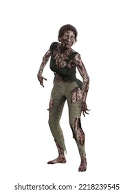 Blood Stained Zombie Woman In Tattered Clothing. Isolated 3D Illustration.