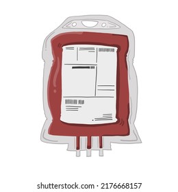 Blood Transfusion Bag In Cartoon Hand Drawn Style For Donation Concept. Blood Donation Plastic Bag With Tube And Label In Flat Style.