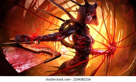 A bloody demoness with many horns and spikes with a shiny cleaver in her hand stands at sunset in the body of a destroyed monster and gathers its essence in a clawed fist to absorb it. 3d rendering