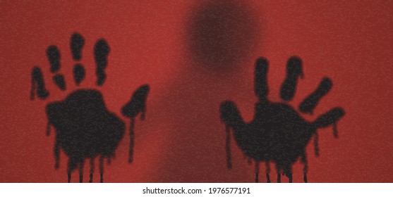 Bloody hands against the window. Bloody hand print. Dead, blood, horror and dirty red palm for halloween party. Aggressive, attacks, stabbing  attac, stabbing sign. Blur, blurred or fade image.