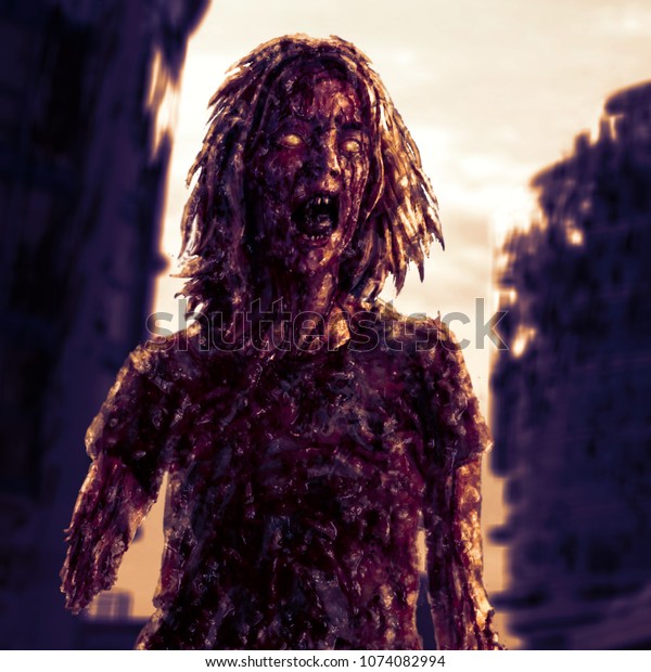 A bloody monster woman on the background of a\
ruined city. Illustration in genre of horror. Scary character for\
apocalypse.