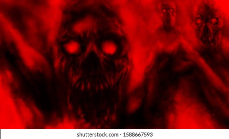 Bloody screaming zombie attacking. Terrible illustration on black and crimson color background. Horror genre with coal and noise effect. Freehand digital drawing concept.