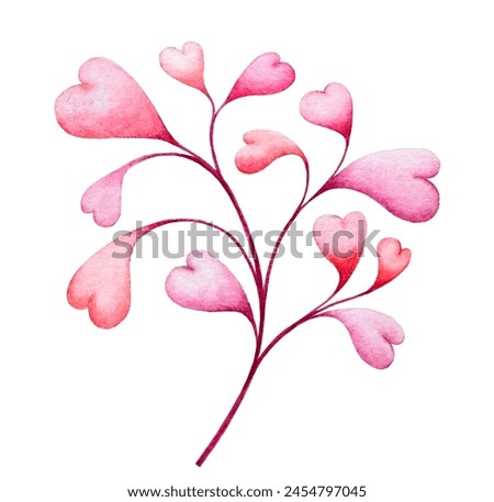 Blooming Branch with Heart-shaped leaves isolated illustration on white background. Hand painted Watercolor Hearts growing on curved twig. Valentine's Day decoration 
