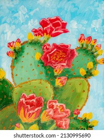 Blooming Cactus In The Desert. Oil Painting.