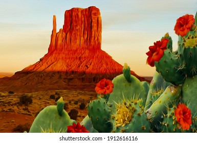 Blooming Cactus In Texas. Oil Painting Imitation. 3D Illustration.