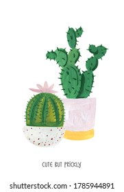 Blooming Cactus In A White Pink Pot. Home Flower, Cute Minimalistic Still Life. Pasty Texture Of Gouache Paint