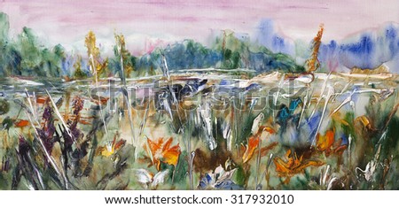 Blooming field, meadows landscape. Painting, pictorial art
