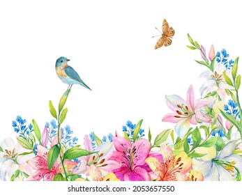 blooming garden white lilies flowers  birds   butterfly illustration watercolor hand painting isolated white background