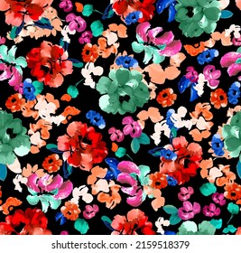 Blooming Spring Or Fall Meadow Seamless Pattern. Plant Background For Fashion, Wallpapers, Print. Blue And Green Flowers On Navy. Liberty Style Floral. Trendy Floral Design