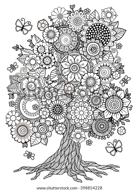 Download Blossom Tree Coloring Book Adult Doodles Stock Illustration 398854228