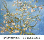Blossoming Almond Tree. Beautiful oil painting on canvas. Based on the great painting by Van Gogh, 1890. Brush strokes and canvas textures .
