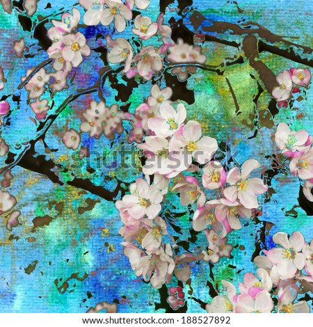 Blossoming apple tree, abstract painting and mixed media art background