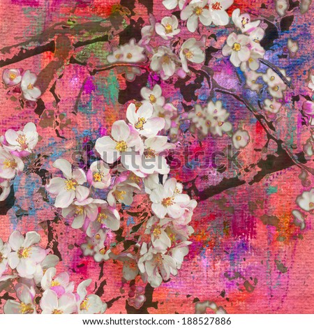 Blossoming apple tree, painting and mixed media art background