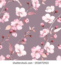 Blossoming flowers sakura on branches, seamless floral pattern on dark background, watercolor colorful illustration for floral textile, wallpaper or romantic cover.