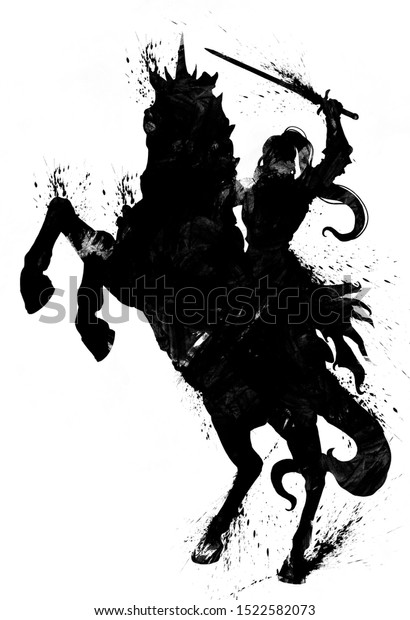 馬にまたがって大喜びする剣を持つ女の騎士の血色の良いシルエット 2dイラスト のイラスト素材