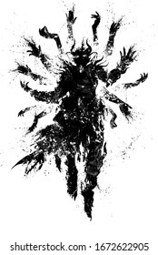 A Blotchy Textural Silhouette Of A Demon Wizard Floating Majestically In The Air, Clad In A Ragged Robe, Surrounded By A Multitude Of Levitating Magic Hands. 2D Illustration