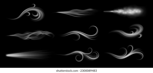Blowing and howling wind, isolated effect of smoke of fumes, vapors air current. Swirls and straight line movement of breeze. wind smoke set in realistic style