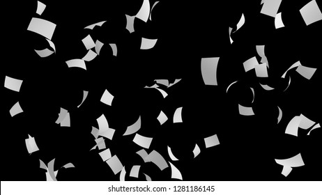 Blown Empty Paper Isolated On Black Background. Documents Flying In Air In Business Concept, 3d Illustration