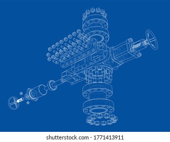 Blowout preventer. Wire frame style. 3D illustration. Concept of the oil industry