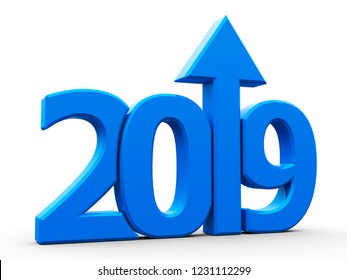 Blue 2019 with arrow up isolated on white background, represents growth in the new year 2019, three-dimensional rendering, 3D illustration