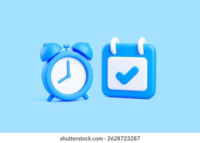 Blue 3D alarm clock and calendar with check mark symbol on blue background, symbolizing time and planning