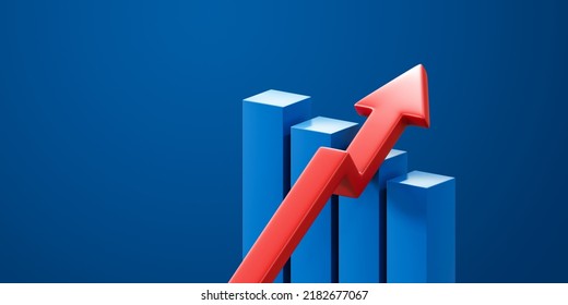 Blue 3d Growth Business Graph On Success Financial Background With Red Arrow Market Profit Symbol Or Finance Chart Up Stock Diagram Marketing And Increase Economy Statistic Rise Price Sales Strategy.