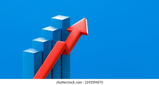 Blue 3d Growth Business Graph On Success Financial Background With Red Arrow Market Profit Symbol Or Finance Chart Up Stock Diagram Marketing And Increase Economy Statistic Rise Price Sales Strategy.