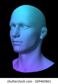 Blue 3d Man Head On Black Background.