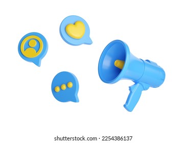 Blue 3d render megaphone illustration - social media like, content elements and message bubbles with loudspeaker. Pink attention speaker, creative speak concept isolated on white. 3D Illustration - Shutterstock ID 2254386137