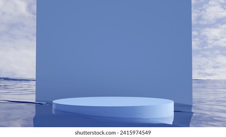 Blue 3D Rendered Platform in a pool of clear blue water and wall background under a cloudy sky. Aquatic product podium submerged in water with solid blue backdrop. Realistic stage in sea.