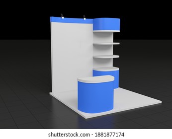 Blue 3d Rendered Stand Or Booth In A Tradeshow, Virtual Exhibition Mockup Design