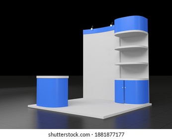 Blue 3d Rendered Stand Or Booth In A Tradeshow, Virtual Exhibition Mockup Design