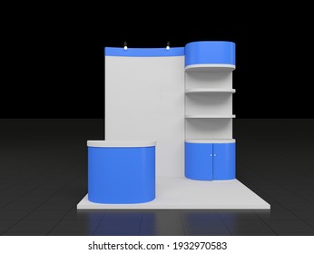 Blue 3d Rendered Stand Or Booth In A Tradeshow, Virtual Exhibition Mockup Design