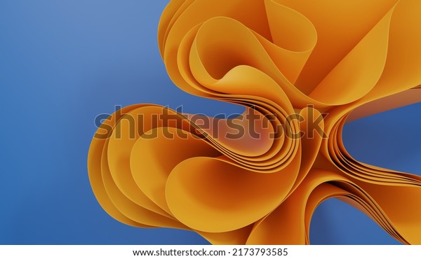 blue abstract background folded overlapping orange ribbons top corner wallpaper with wavy layers and ruffles.3D rendering.