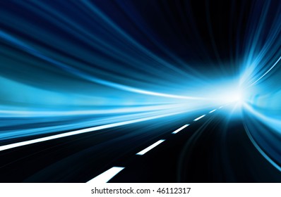 Blue Abstract blurred speed motion in urban highway tunnel, moving toward the light. Computer generated illustration.