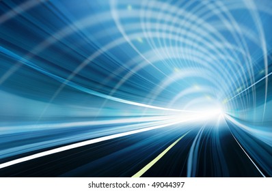 Blue Abstract Blurred Speed Motion In Urban Highway Road Tunnel, Moving Toward The Light. Computer Generated Illustration