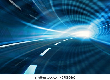 Blue Abstract Blurred Speed Motion In Urban Highway Road Tunnel, Moving Toward The Light. Computer Generated Illustration