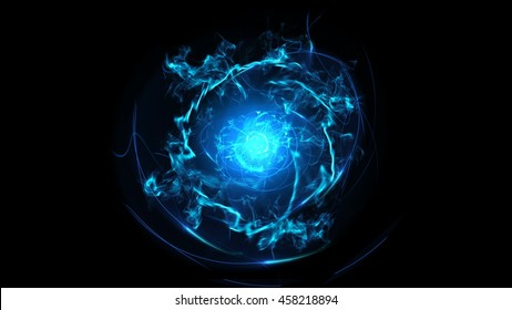 Blue Abstract Flowing Energy Electricity. Line Twist in the Sphere in the Form of Spirals. Shock Waves Emanate From the Center. on a Black Background Glow Lines in the Form of a Sphere. 4k Resolution