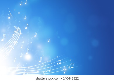 blue abstract funky background with music notes lights and bokeh