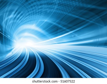 Blue Abstract Illustration Of A Speed Blurred Motion In An Urban Road Or Highway Tunnel. Technology Backgrounds.