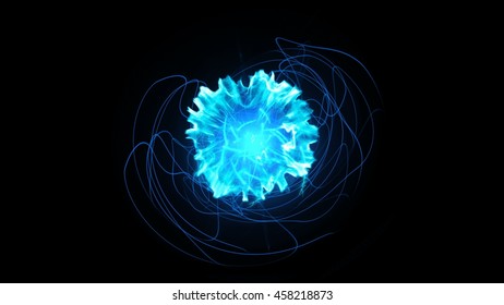 Blue Abstract Lines Energy Electricity. Line Twist in the Sphere in the Form of Spirals. Shock Waves Emanate From the Center. on a Black Background Glow Lines in the Form of a Sphere. 4k Resolution