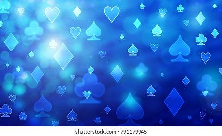 Blue abstract poker pattern of playing cards symbols.