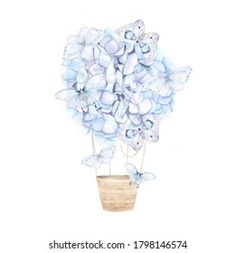 Blue aerostat balloon flowers   butterfly  Watercolor hydrangea  Floral print for wedding card  Hand drawn illustration