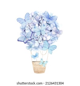Blue aerostat balloon flowers and butterfly. Watercolor hydrangea. Floral print for wedding card. Hand drawn illustration