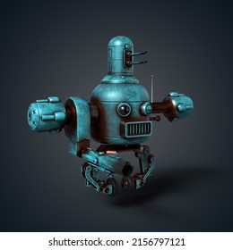 Blue, aged combat robot in cartoon style. 3d render