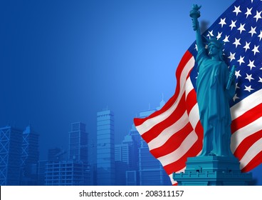 Blue American Background Illustration. Statue of Liberty, Flag and City Skyline Illustration with Copy Space. American Events and Celebration Backdrop. - Powered by Shutterstock