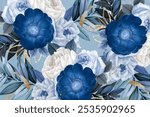 Blue anemone flower background, Winter season. Floral flowers collage pattern blue background. Vintage blue flowers illustration art drawing background. Floral blue pattern background.